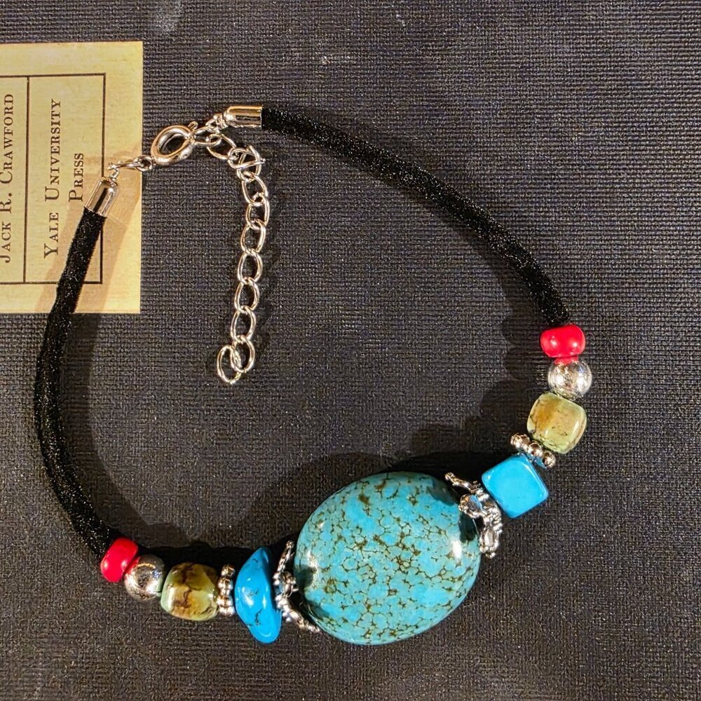 Turquoise & Coral Stone Bracelet with Black Velvet Silver Tone Accents Style H